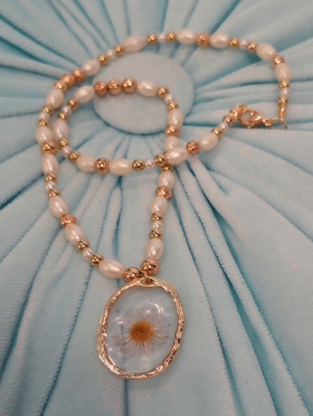 Handcrafted Gold and Pearl Pressed Daisy Necklace 18"